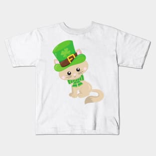 Saint Patrick's Day Cat, Leprechaun Hat, Clovers Kids T-Shirt